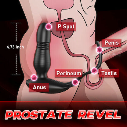 Low Noise 10 Thrusting & Vibrating Double Cock Rings Silicone Prostate Massager